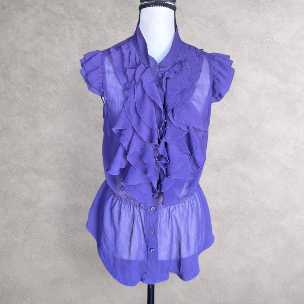 Miley Cyrus Max Azria Purple Ruffle‎ Blouse Sheer Feminine Romantic XL